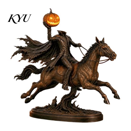 Sleepy Hollow Knight Ornament Headless Horseman Statue with LED Pumpkin Light, Resin Halloween Dark Retro Tabletop Figure Figurine, Horror Sculpture