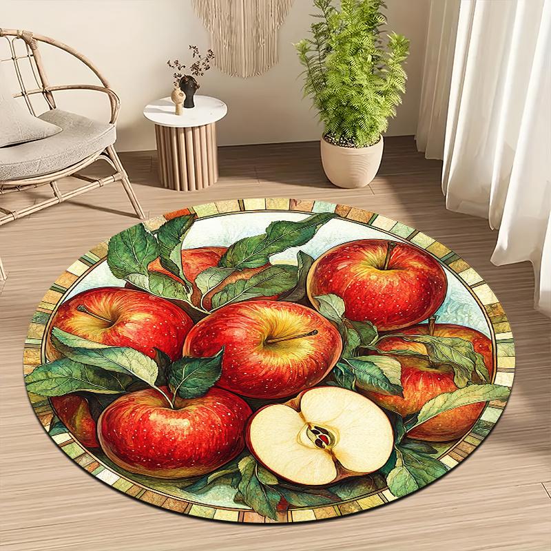 Painted Red Apple Theme Flannel-printed round floor mats are slip-resistant Suitable living room bedroom terrace garden carpets