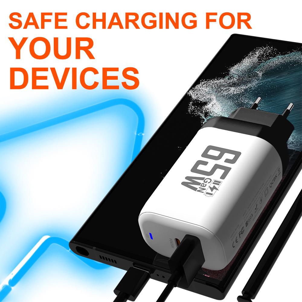 65W GaN Fast Charger: QC 3.0 & PD with 9V/12V for EU/US, Ideal for Laptops & USB Devices