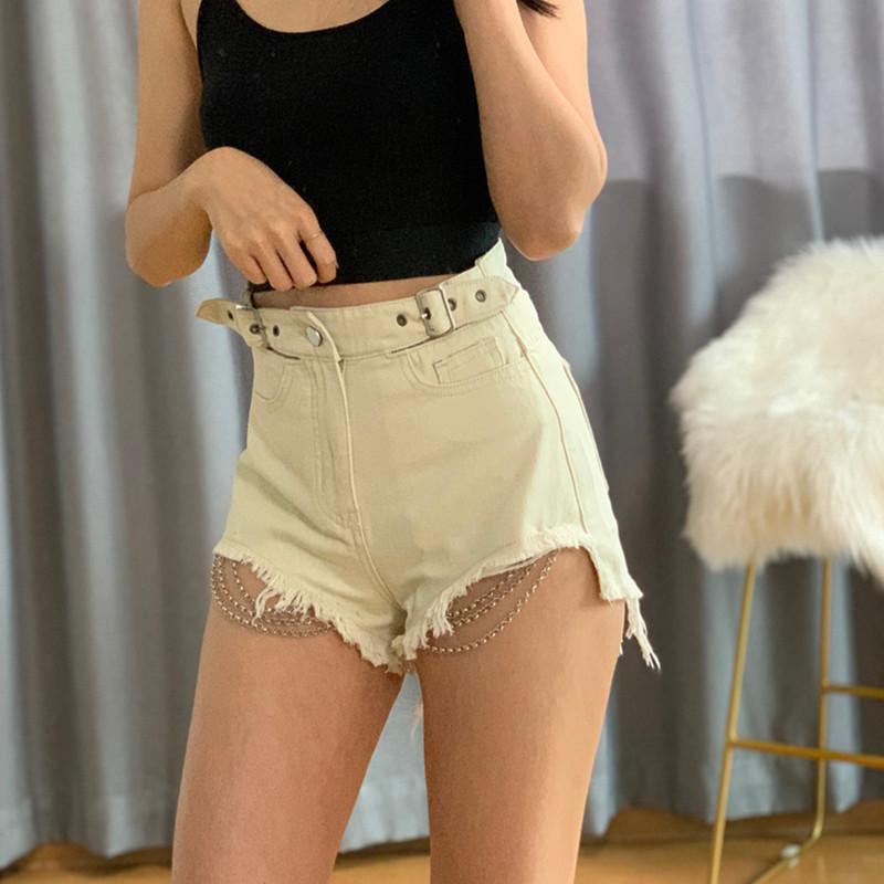 Summer Harajuku Chain Denim Shorts Fashion High Waist Hollow Out Shorts Women Jeans Casual A-line Pants Sexy Streetwear Shorts