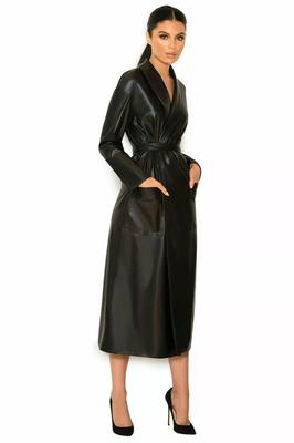 Оригинальная кожа Стильный крой Повседневный Новый женский тренч Черный Ручная работа Натуральная овчина