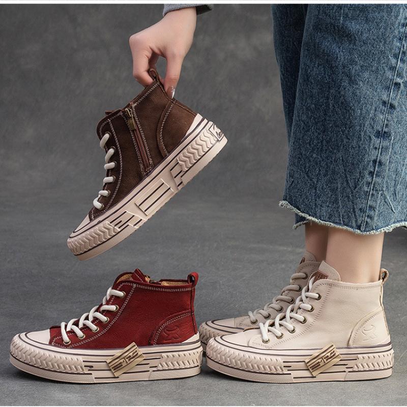 Johnature Spring Genuine Leather Women Flat Shoes Lace-up Handmade Leisure Comfortable Thick Soled Shoes