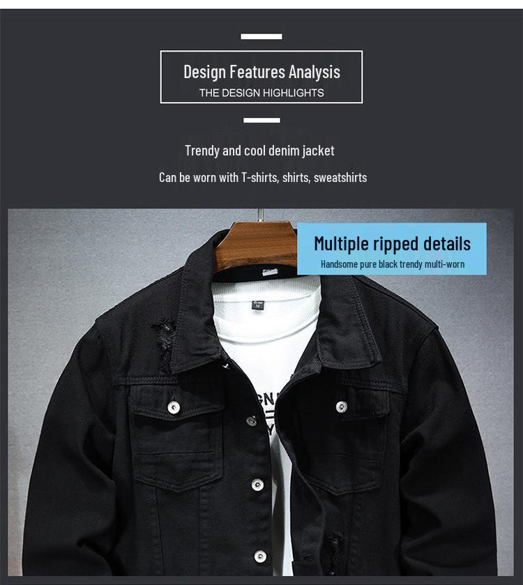 Men's Trendy Black Denim Jacket: Casual, Versatile, Ripped Style for Autumn and Winter