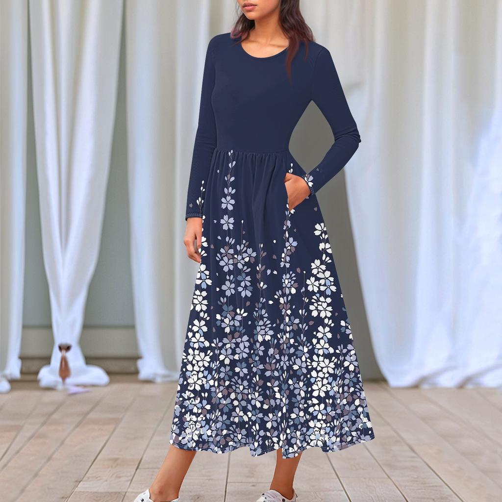 Женское платье миди в стиле бохо с цветочным принтом, повседневное, с длинным рукавом, струящиеся платья со сборками и карманом, лето и весна