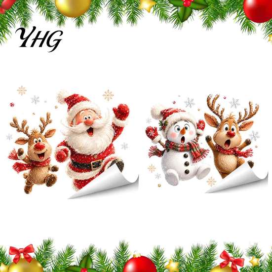 Transparent Decorative Stickers Christmas Static Window Clings, Removable Glass Decals, Snowman Santa Reindeer Nutcracker Film with Snowflakes,