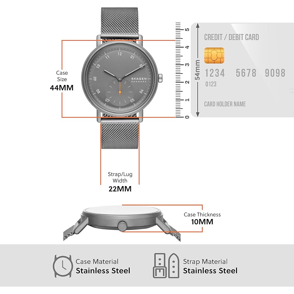 KUPPEL Двуручные часы с секундной стрелкой на субциферблате, из нержавеющей стали, с сетчатым ремешком, цвет: угольный