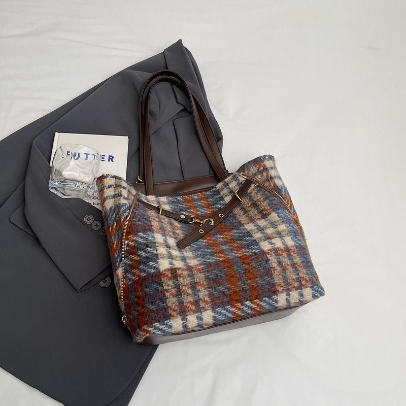 Шерстяная клетчатая сумка-тоут большой емкости женская сумка через плечо винтажная сумка