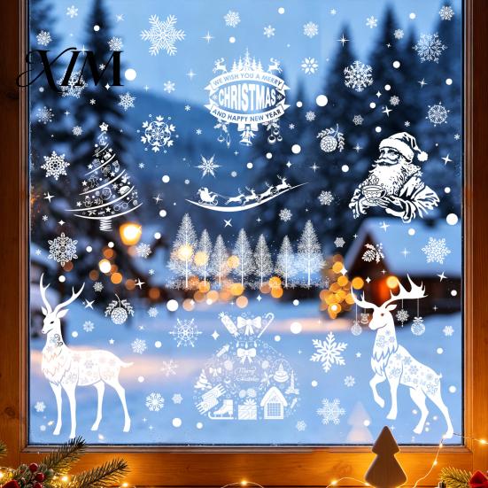 Elk Sleigh Glass Stickers 6Pcs Christmas Window Clings, Retro White Line Static Sticker for Holiday Electrostatic Film Decoration, Reusable PVC Santa