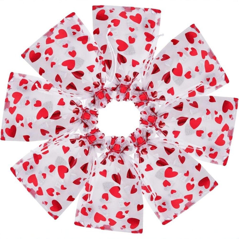 20pcs Love Heart Valentine's Day Gift Bag Drawstring Bronzing Gift Bag Mesh Candy Pouches Wedding