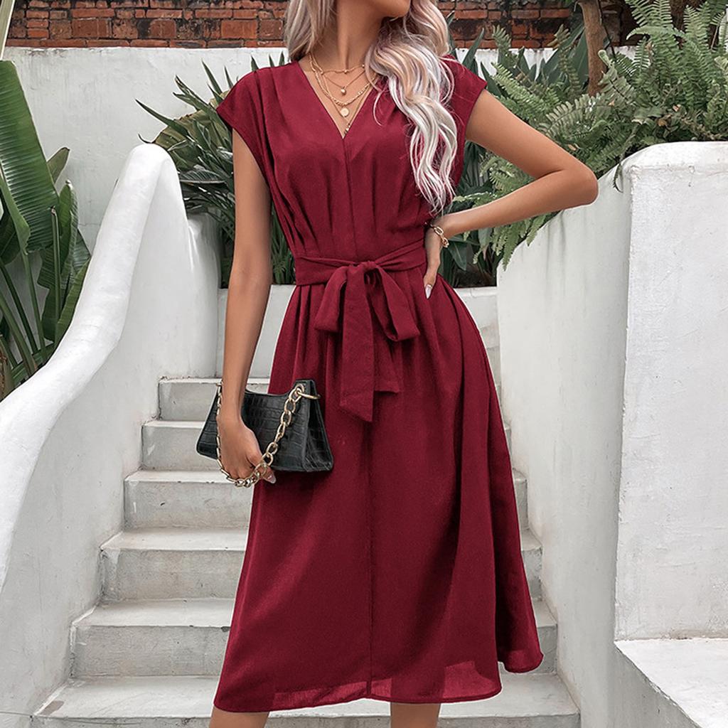 Women's Loose Casual V-Neck Belt Solid Color Dress Fashionable Dress Fashionable Dress