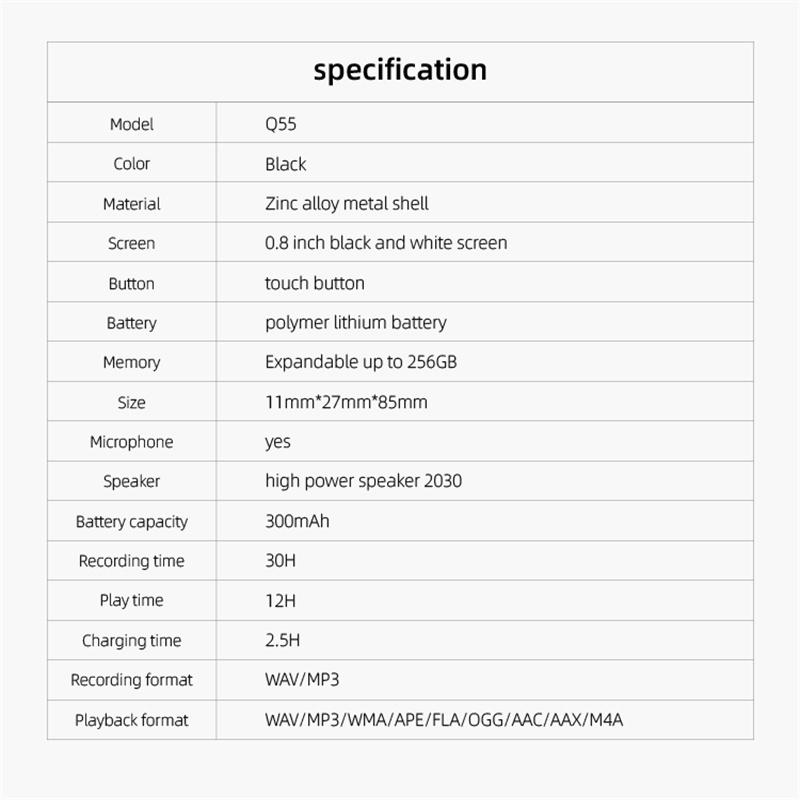 Q55 Цифровая ручка записи HD с голосовым управлением и шумоподавлением Профессиональный портативный рекордер Mp3-плеер