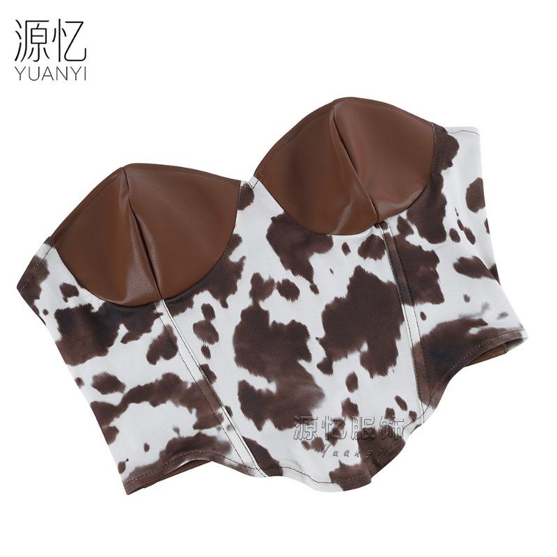 Women S Retro Cow Print Pu Leather Paneled Corset Bustier Slimming Shapewear