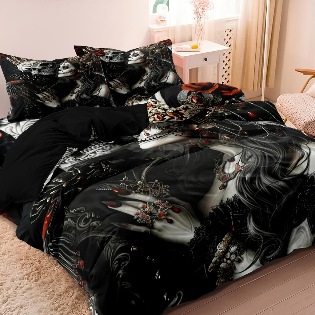 3 предмета Готический мексиканский сахарный череп Женщина Пододеяльник Постельное белье Цветочные и черепные узоры - Идеально для празднования Дня мертвых