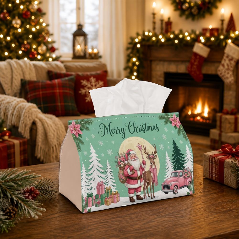 1pc Vintage Christmas Tissue Box with Santa Reindeer Truck - Durable Napkin Holder Suitable for Car, Kitchen, Tabletop Decor - Holiday Table Centerpie