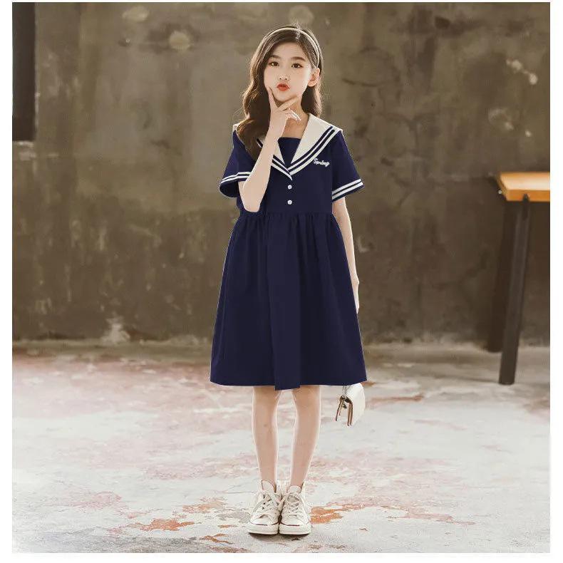 Летнее платье для девочек с воротником темно-синего цвета и короткими рукавами - JK Style