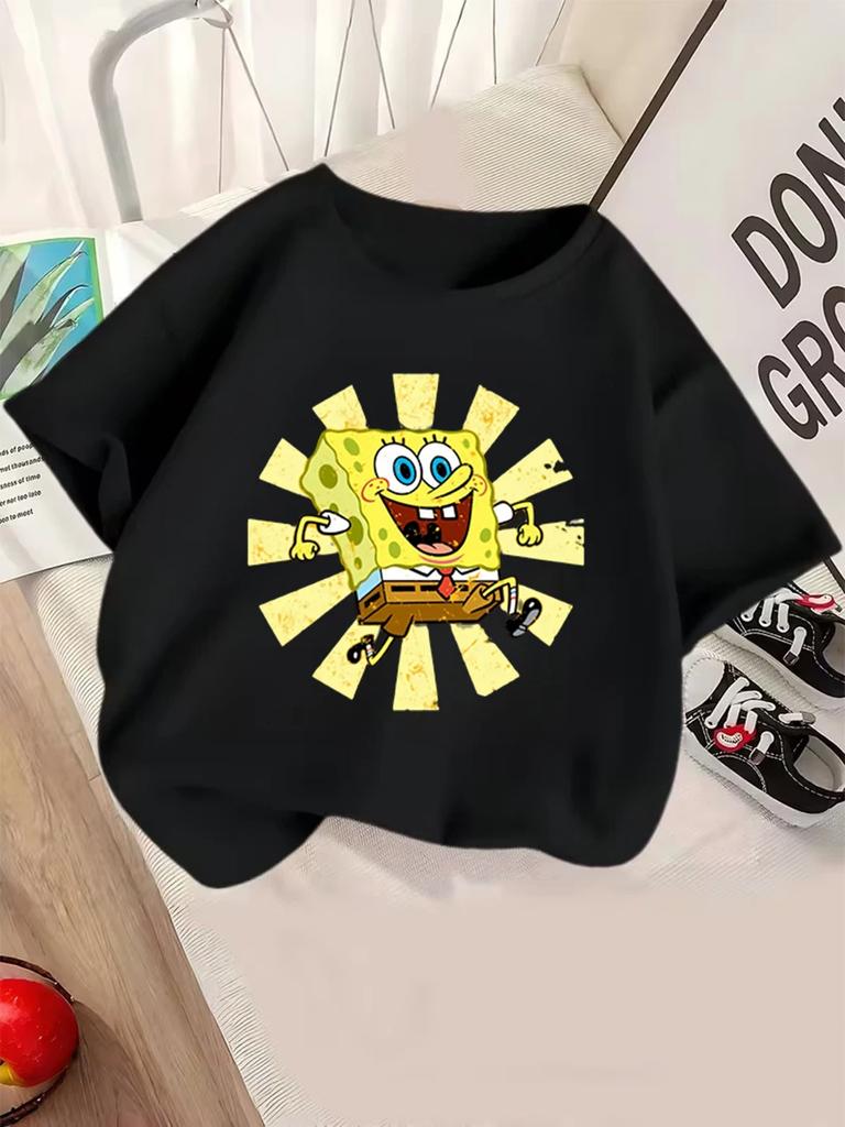 Lovable SpongeBob Short Sleeve T Shirt For Kids Summer Cute Cartoon Crewneck 3-14