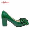 Aphixta New 7cm Square Heel Patent Leather Shoes Women Pumps Dark Green Flowers Officile Pointed Toe Plus Size 49 50