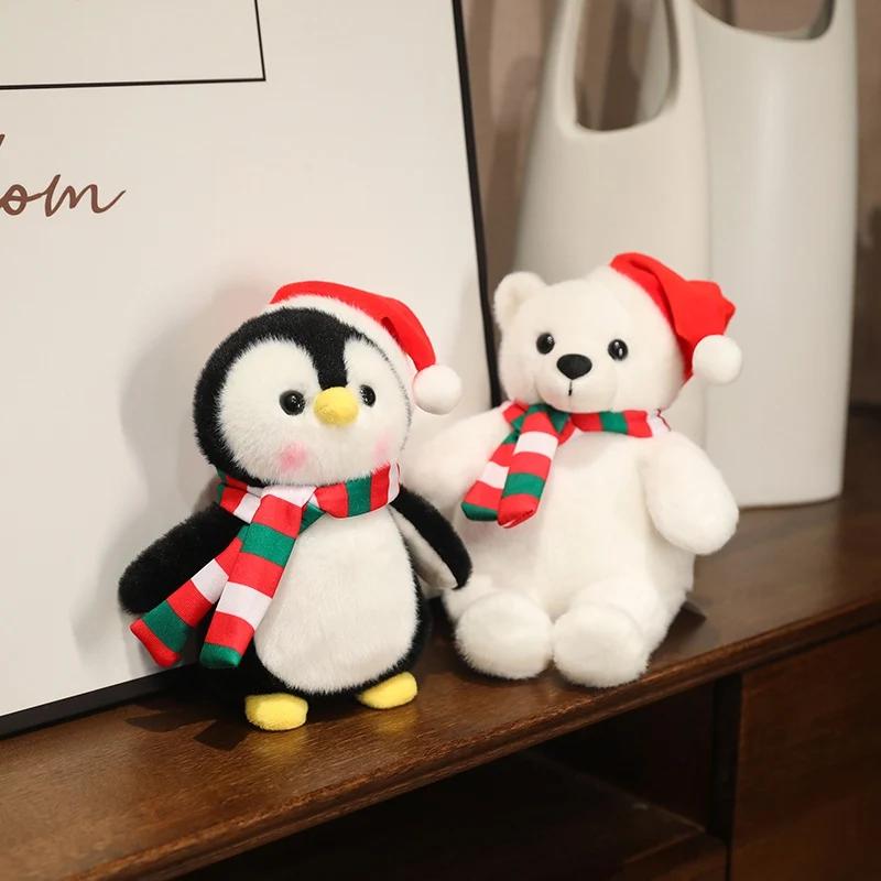 Plush Christmas Decoration Soft Stuffed Toy for Kids - Cartoon Bear Penguin Elk Teddy Bear Doll with Scarf, Gift for Girl Boy