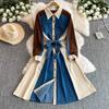 Lace Up High Waist Women 2025 Dresses Patchwork Denim Dresses Laple Long Sleeve Dress  Femininos French Style Clothing