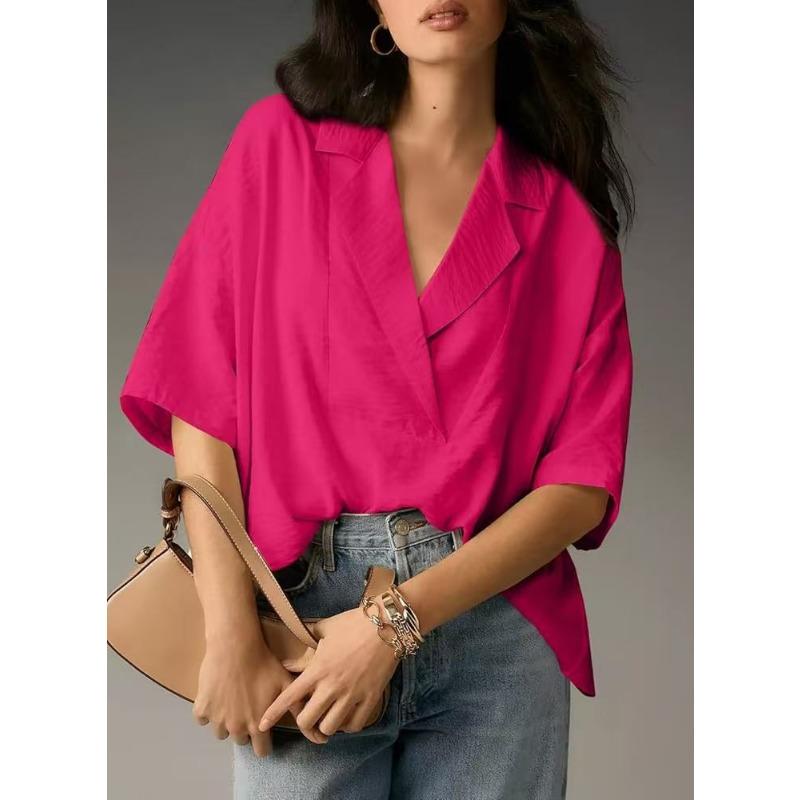 Loose Fit Short Sleeve Turn Down Collar Solid Color Casual Shirt With Pleats