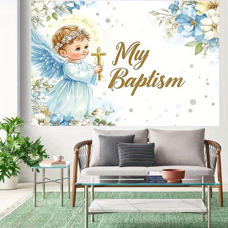 One angel baptism background with a cross and wings - soft blue and white floral design