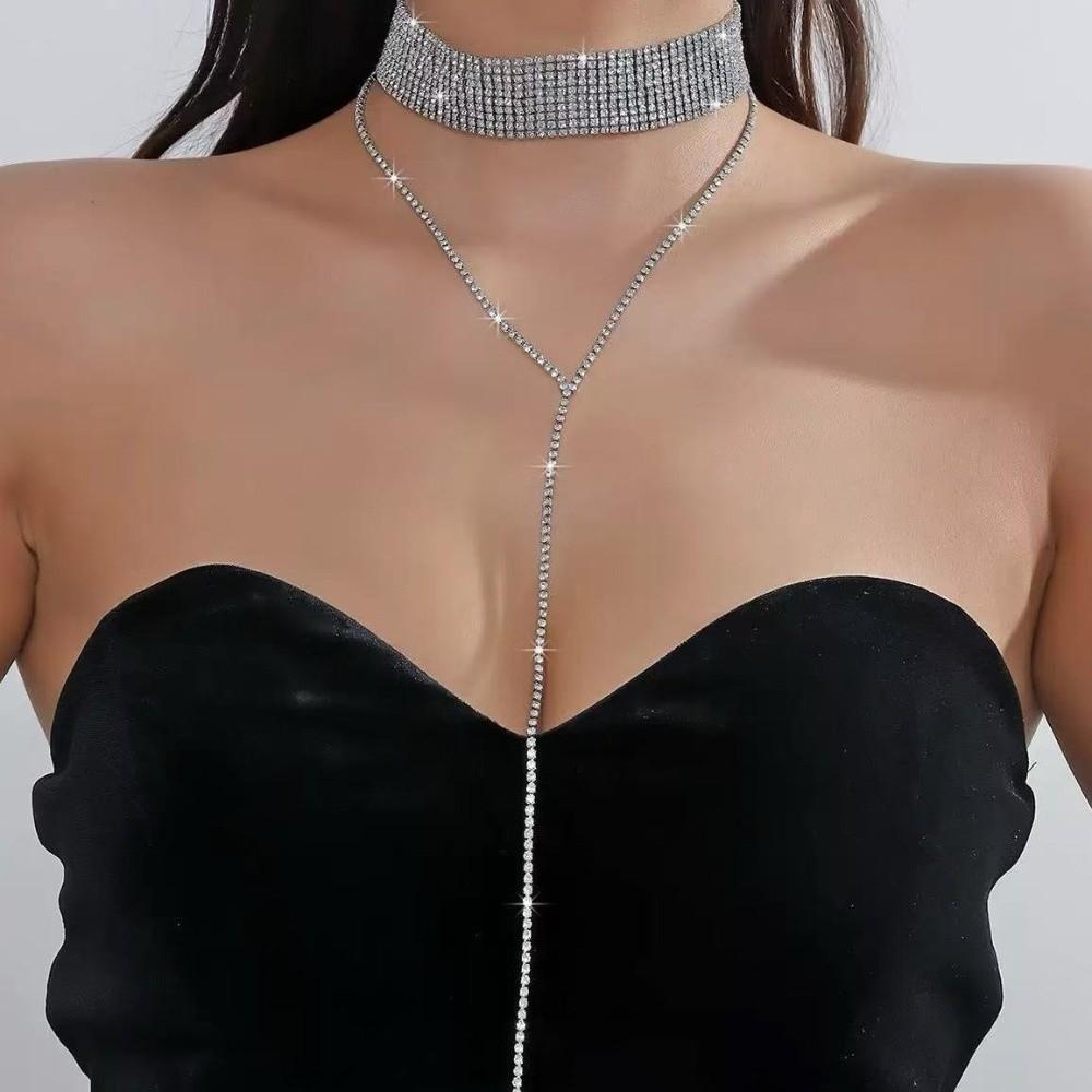 Y-shaped Rhinestone Necklace Gold Long Choker Elegant Multi-Layer Necklace  Wedding