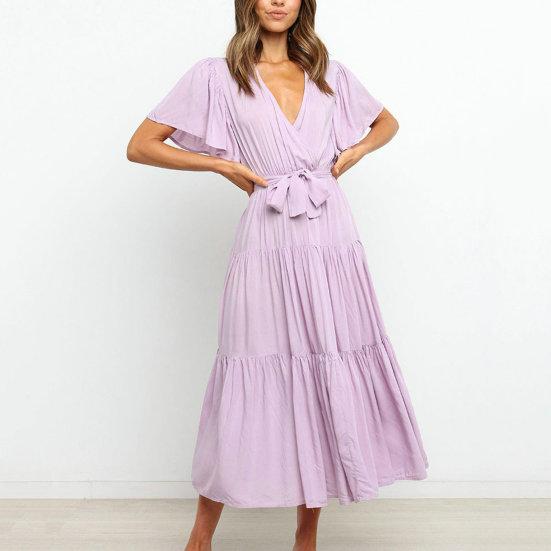 Женское летнее платье миди с v-образным вырезом и короткими рукавами, пояс с высокой талией и рюшами, однотонное платье трапециевидной формы, уличная одежда