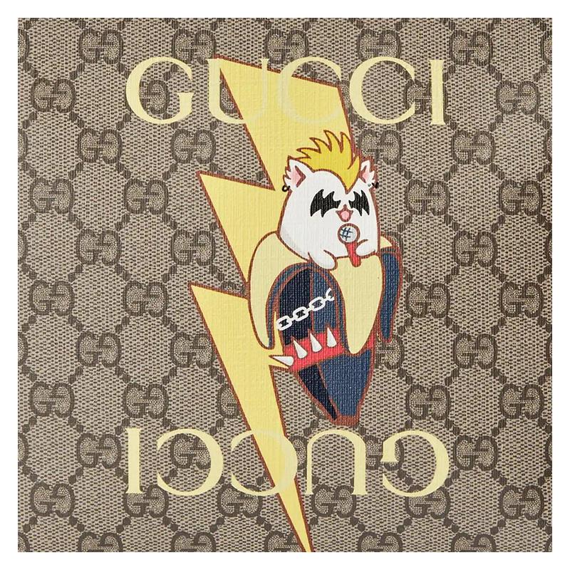 Gucci Bananya co-branded limited edition, printed brand logo, canvas leather trim, clutch, men's style, ebony color