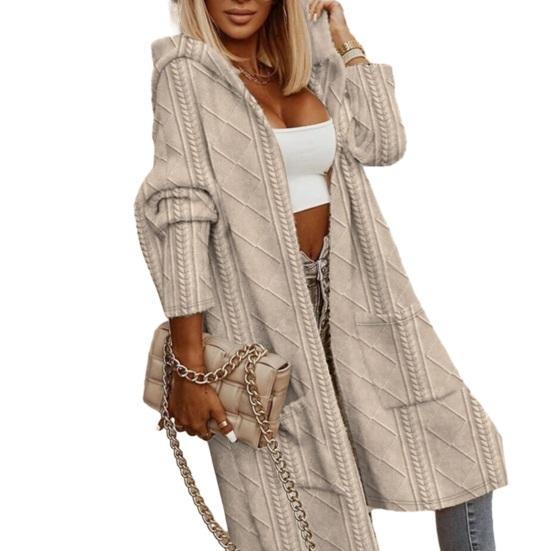 Женский осенне-зимний свитер, пальто с аппликацией с капюшоном, однотонный, толстый трикотаж, свободный, средней длины, с карманами, кардиган, с открытой строчкой, женский свитер, куртка