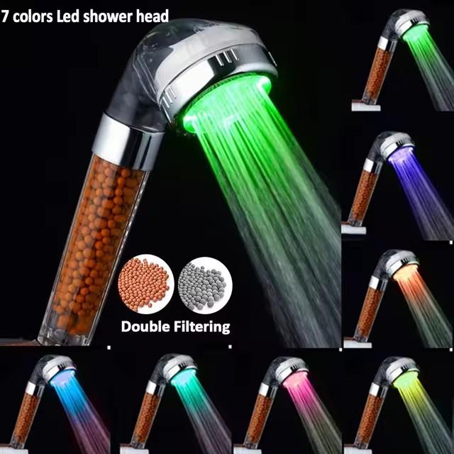 LED Temperature Control Colorful Negative Ion Filter Shower Head 3/7 Color Change One-Key Stop High Pressure Handheld Showerhead