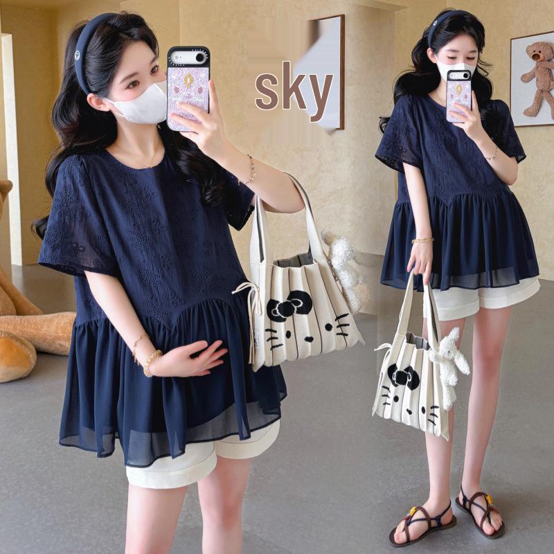 Maternity Summer 2026 Korean Style Embroidered Chiffon Doll Shirt and Belly Support Shorts Set