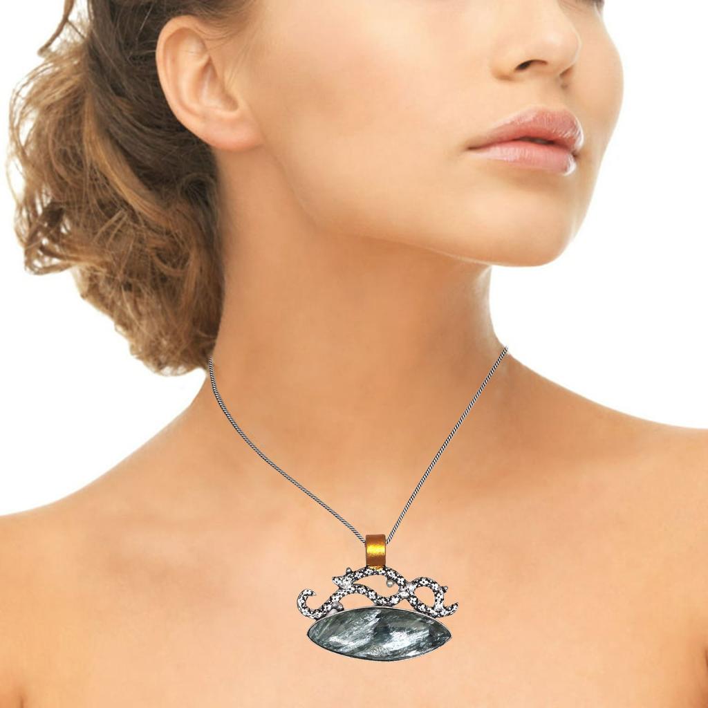 Seraphinite Gemstone Mother's Day Handmade Silver Jewelry Pendant  1.5"