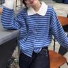 Autumn Retro Color Block Stripe Womens Sweater Casual Polo Collar Knit Cardigan Versatile Top
