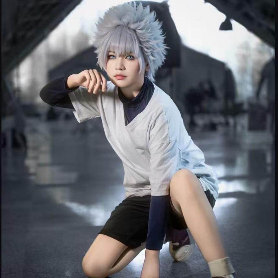 Wetrose В наличии Косплей костюм Killua Zoldyck Hunter × X Hantaa Kirua Zaoldyeck Футболка Полный комплект Парик Хэллоуин Рождество Новый