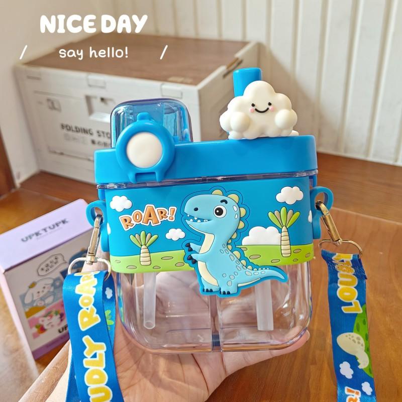 Dual Compartment Kids Water Bottle With Straw Silicone Sleeve - Cartoon Design 580ml BPA-Free PC Plastic