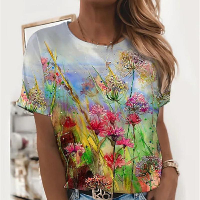 2023 New Women's Summer Short Sleeve T-shirt 3D Floral Print Round Neck Loose Casual Style T-shirt