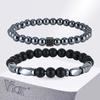 Vnox 2pcs/set Matte Black Onyx Hematite Beaded Bracelet Set Natural Stone Stretch Bracelets Fashion Jewelry Gifts for Men Women