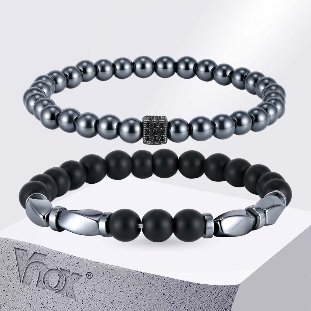 Vnox 2pcs/set Matte Black Onyx Hematite Beaded Bracelet Set Natural Stone Stretch Bracelets Fashion Jewelry Gifts for Men Women