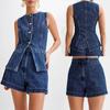 Spring/Summer Fashionable and Casual Sleeveless High - Waisted Denim Set for Women - Button - Down Sleeveless Vest with Pockets + Shorts
