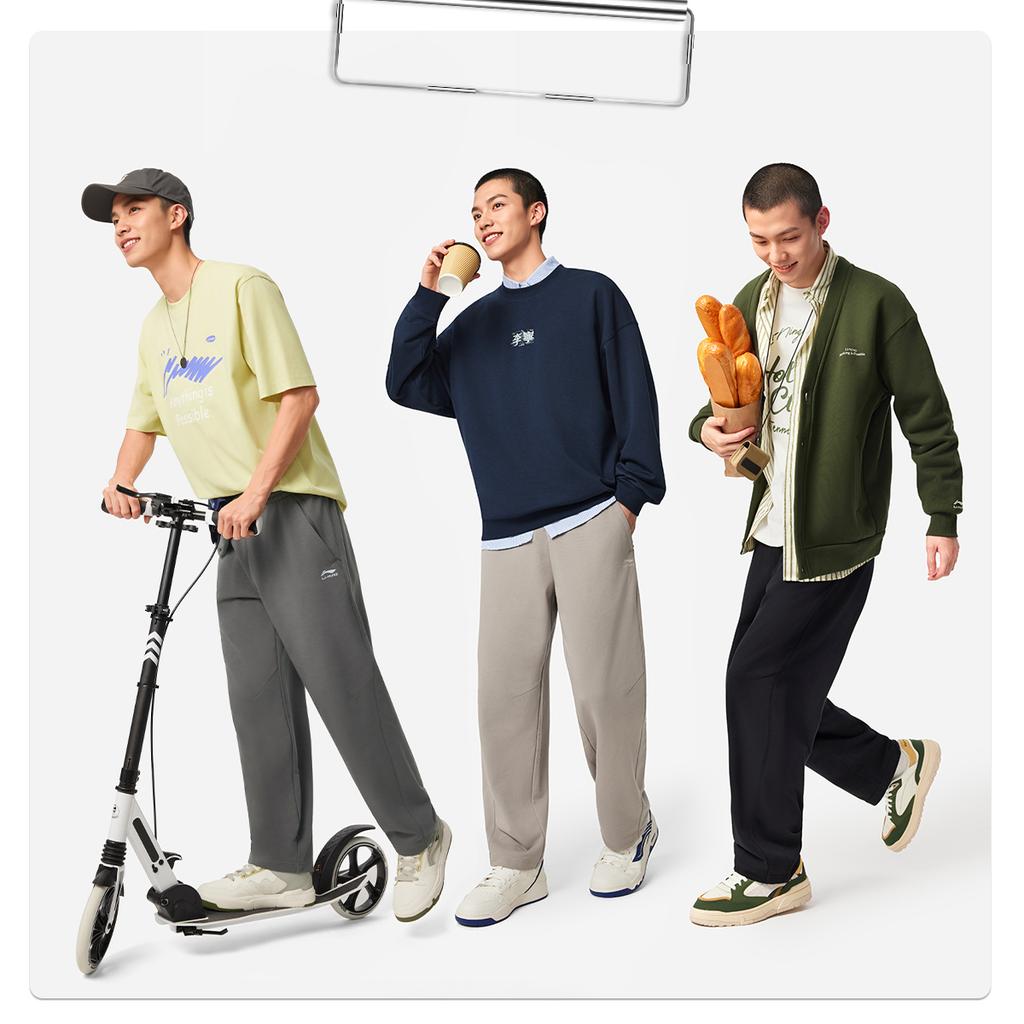 Li Ning Sports Lifestyle Series Simple Comfortable Versatile Solid Color Mid Waist Straight Leg Casual Pants Men Bottoms AKLVC17-4