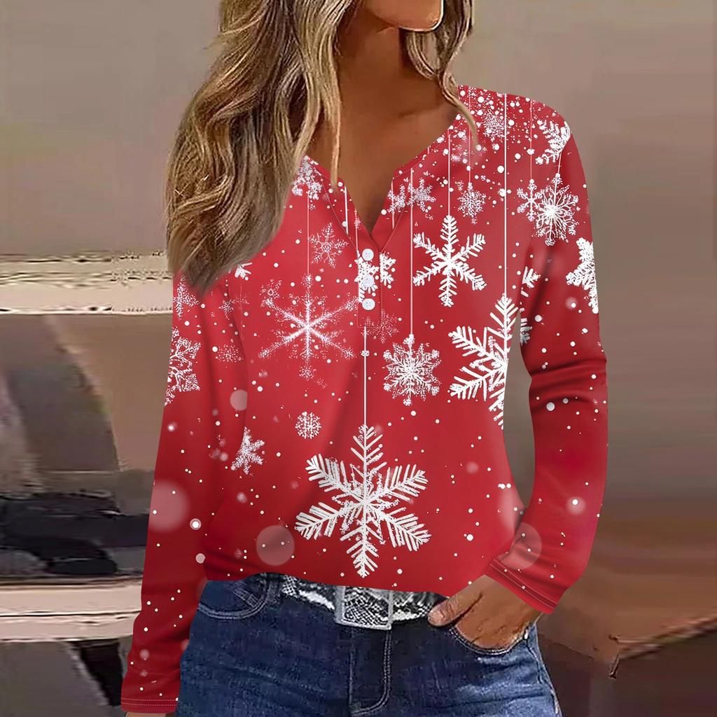 Женская футболка с рождественским принтом на пуговицах с длинным рукавом, повседневная, выходного дня, модная, базовая, с V-образным вырезом, обычная