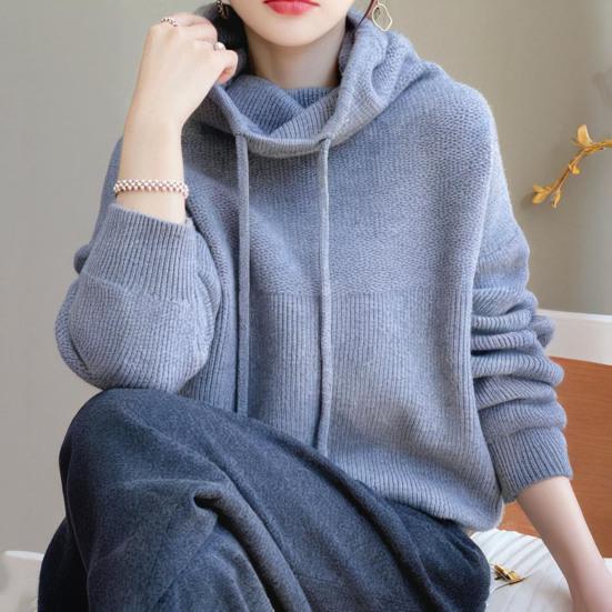 Women Sweater Pile Collar Drawstring Hooded Long Sleeve Knitting Tops Solid Color Casual Loose Fit Knitwear