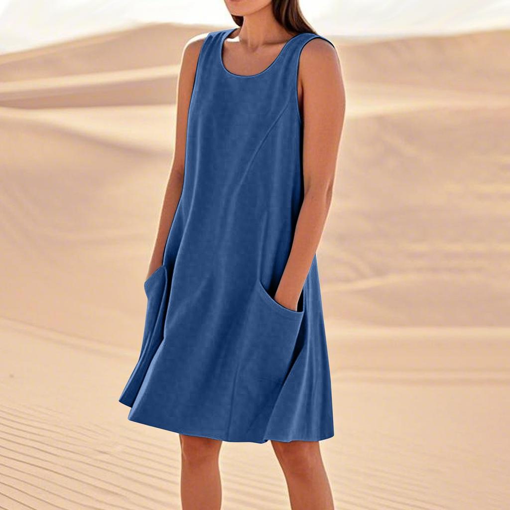 Летние платья для женщин, свободные пляжные повседневные сарафаны без рукавов с карманами, платье-майка