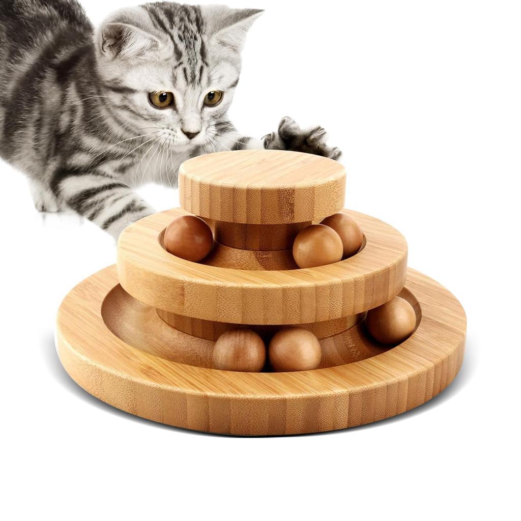 SunStarsPets Wooden Cat Rotating Ball No Assembly Cat Play Stress Exercise Natural Safe Loneliness Relief Tower, Required, Non-Stop Rotation, Toy,