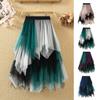 Женская юбка из тюля с высокой талией, плиссированная юбка, асимметричная женская юбка, контрастный цвет, неровный подол, юбка
