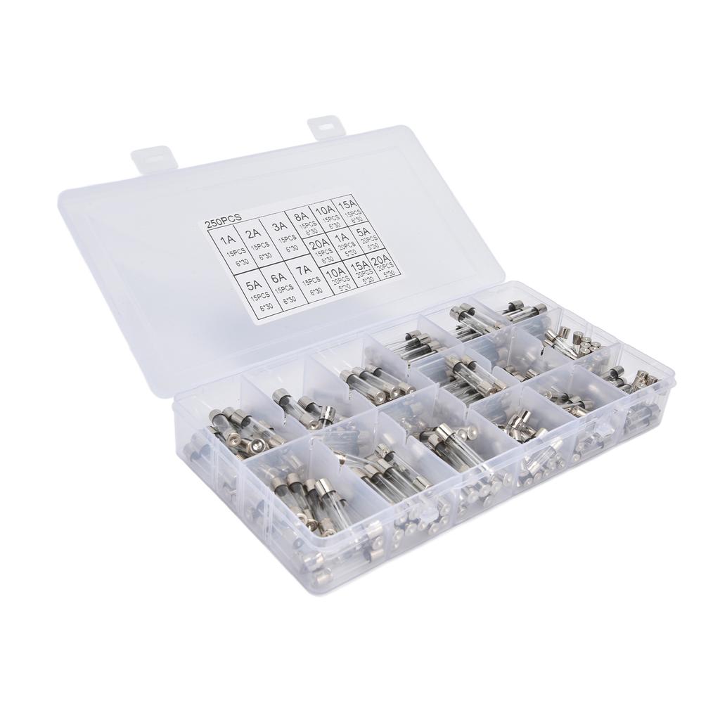 250 шт. стеклянных предохранителей в коробке, автомобильный набор для быстрого перегорания трубок, 15 видов спецификаций 1‑20 А
