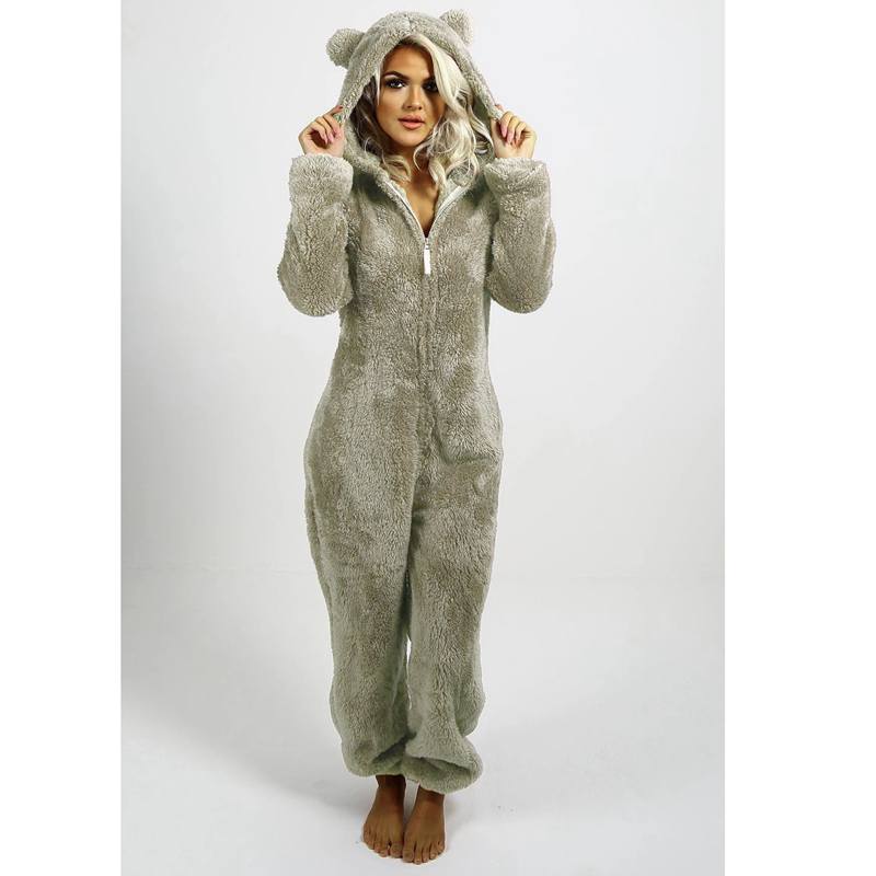 Women Warm Furry Pajamas Plush Fleece Zipper One-Piece Pajamas Soft and Comfortable Hooded Cute Bear Lounge Wear Women Onesies Home Night Sleepwear