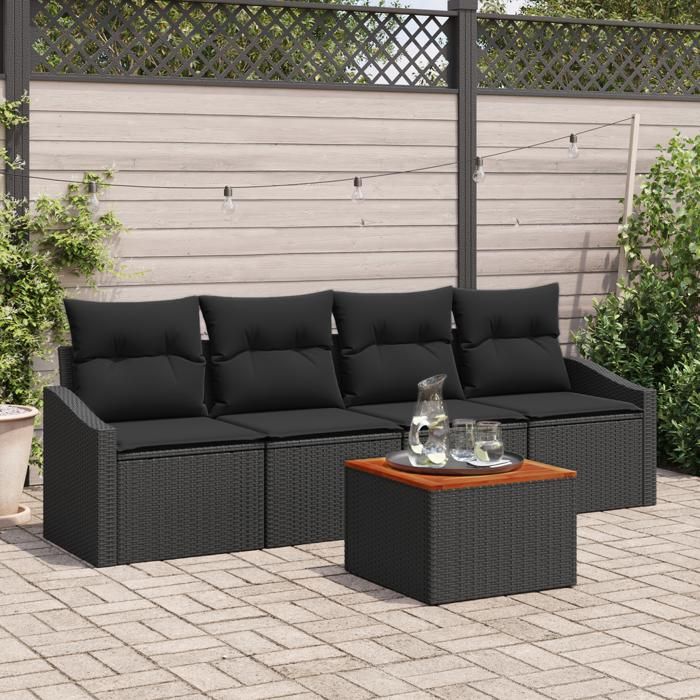 VidaXL Ensemble de 5 Canapés de Jardin avec Coussins Noirs en Polyrattan d'Acacia 3347765
