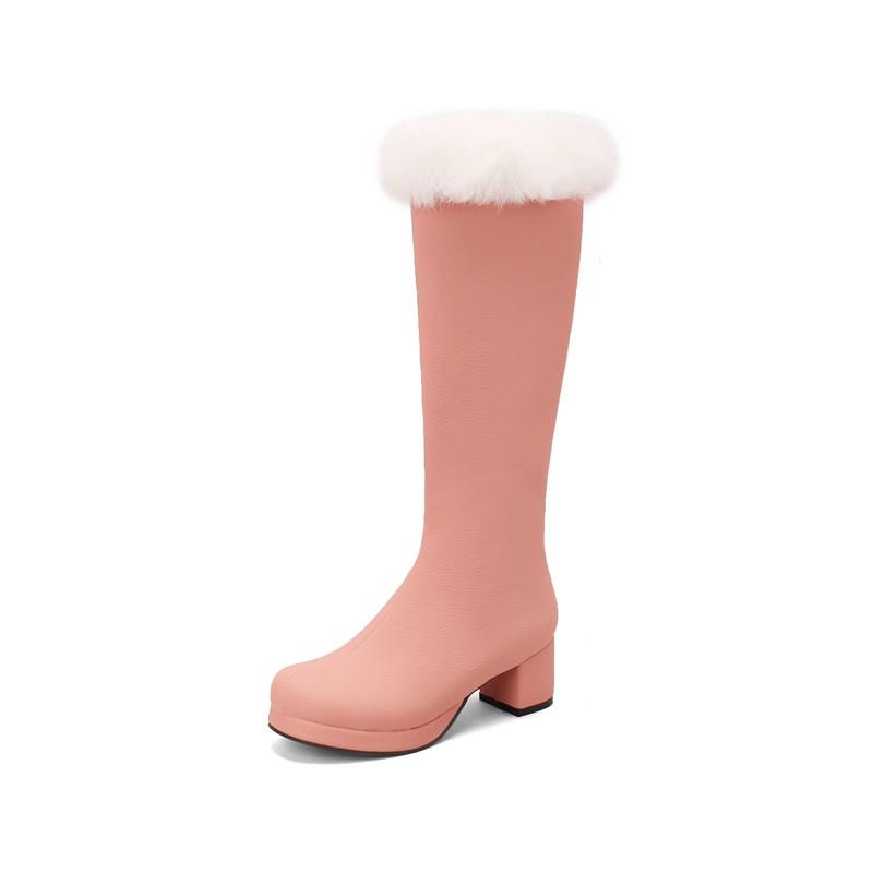 Six Colors Furry Decoration Knee High Boots Women Plus Size 33-48 Grained Pu Platform High Heel Lady Party Long Boots White Pink