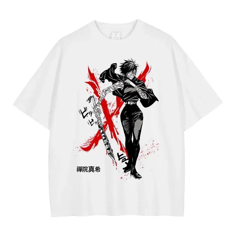 Японское аниме 100% хлопковая футболка Аниме J-Jujutsu K-Kaisen Винтажная стирка Футболка Свободная большого размера с коротким рукавом